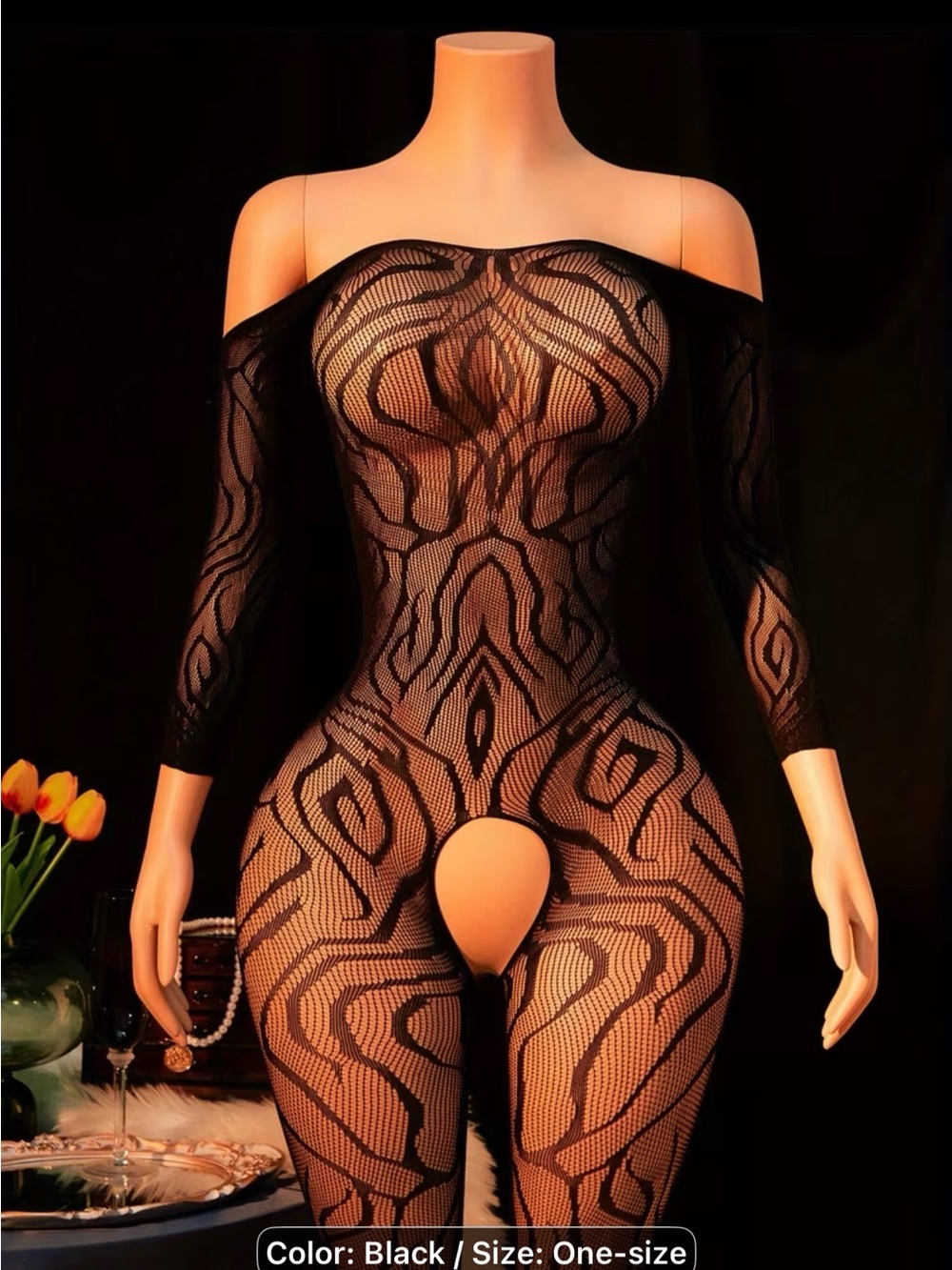 Black Sheer Off-Shoulder Patterned Bodysuit